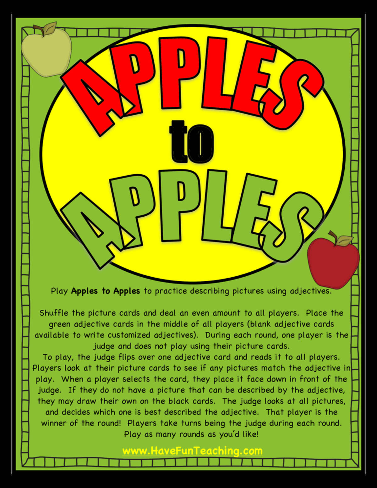 An educational teaching resource from Have Fun Teaching entitled Apples to Apples Adjectives Activity downloadable at Teach Simple.