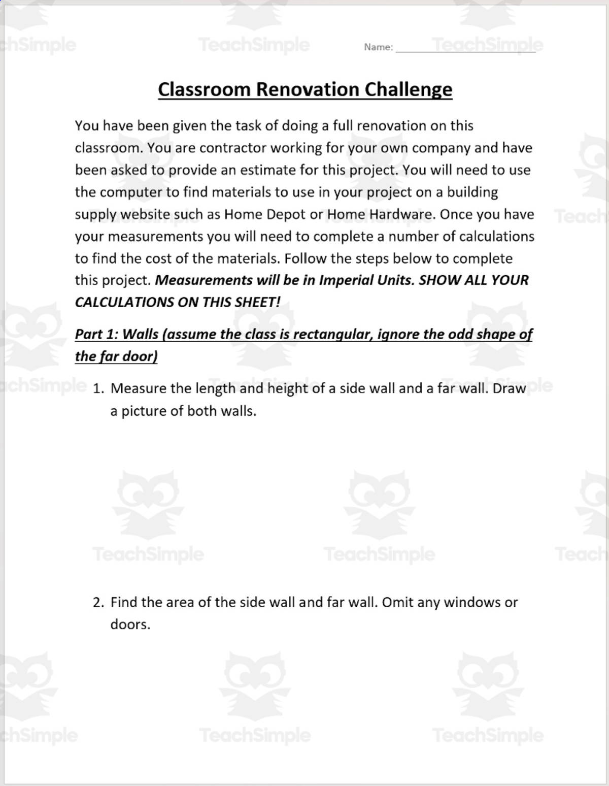 An educational teaching resource from Mitchell Zuvela entitled Applied Math: Classroom Renovation Challenge downloadable at Teach Simple.