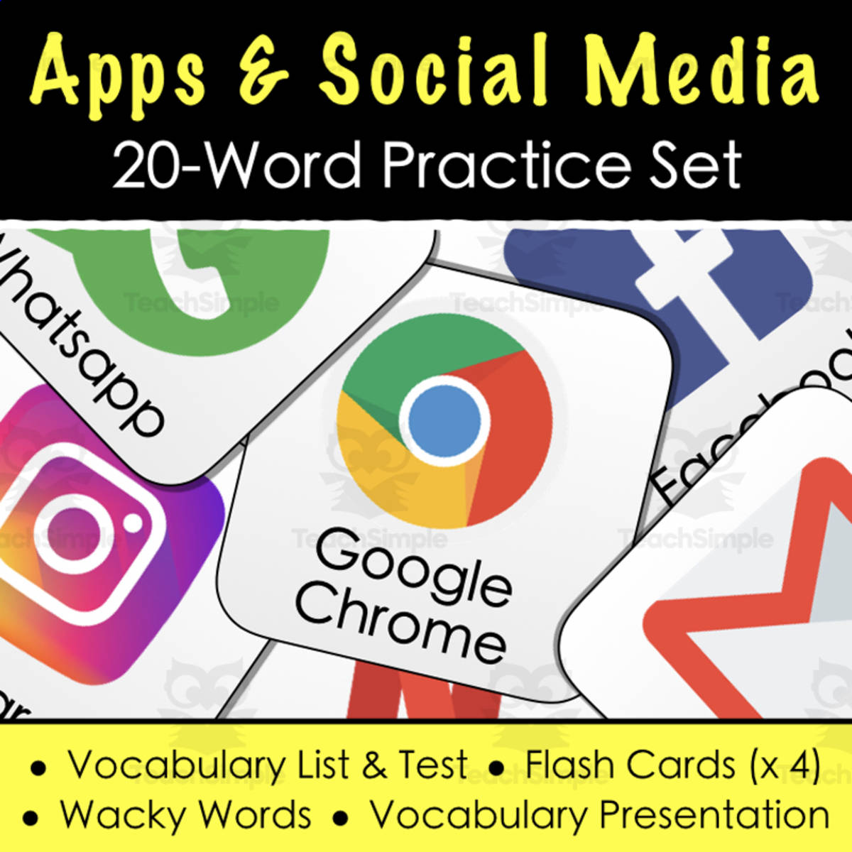 An educational teaching resource from Tom's Talk entitled Apps & Social Media Vocabulary - Flash Cards, Word List + Quiz, Games and MORE! downloadable at Teach Simple.