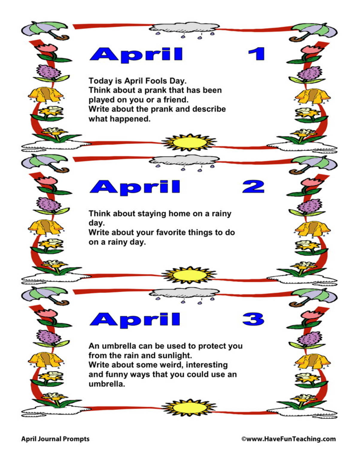 An educational teaching resource from Have Fun Teaching entitled April Daily Journal Prompts downloadable at Teach Simple.
