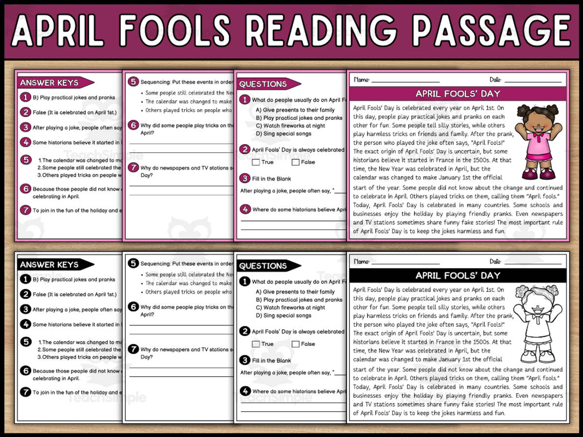 An educational teaching resource from Wonderland School entitled April Fools' Day Reading Comprehension Passage and Questions downloadable at Teach Simple.