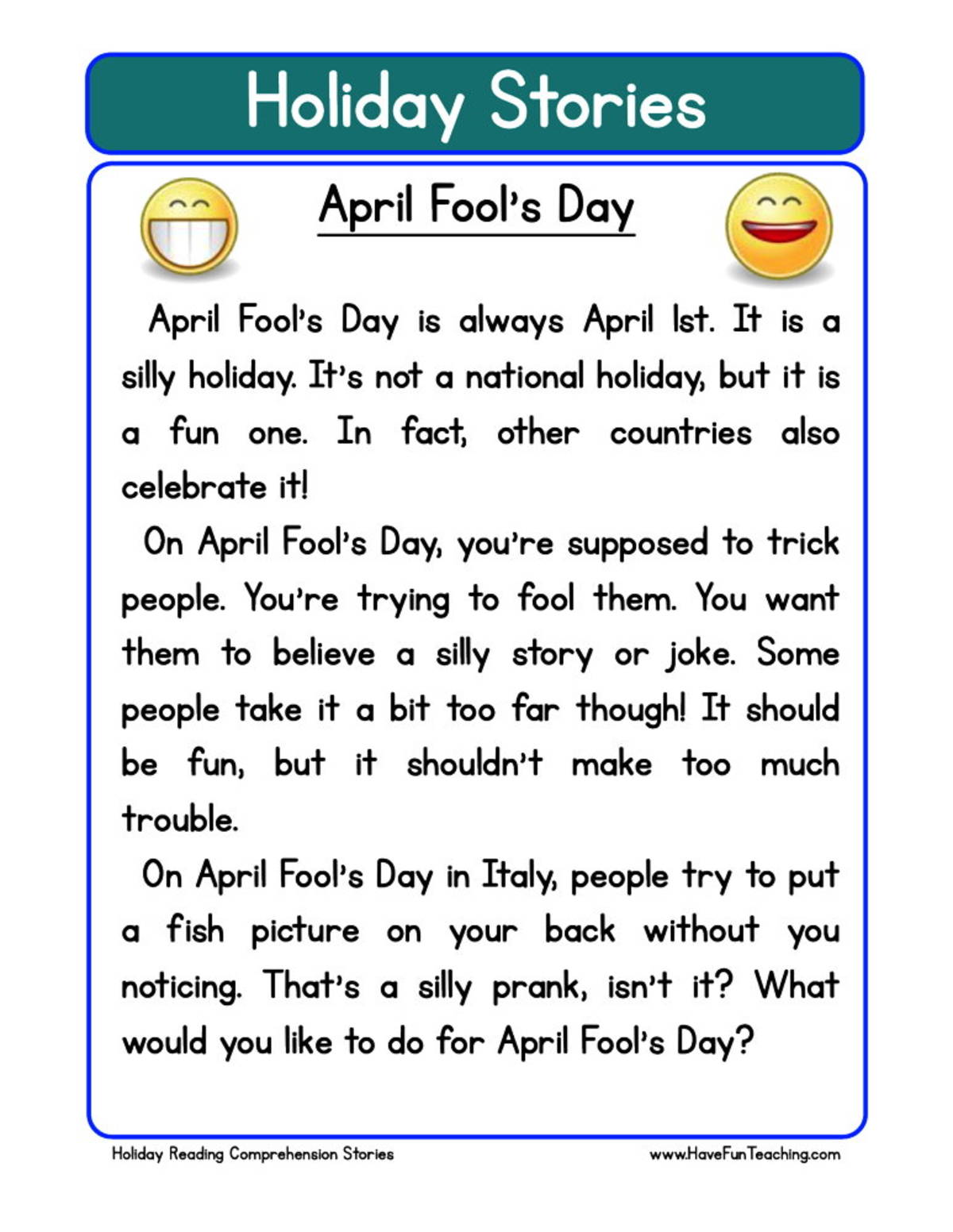 An educational teaching resource from Have Fun Teaching entitled April Fools' Day Reading Comprehension Worksheet downloadable at Teach Simple.