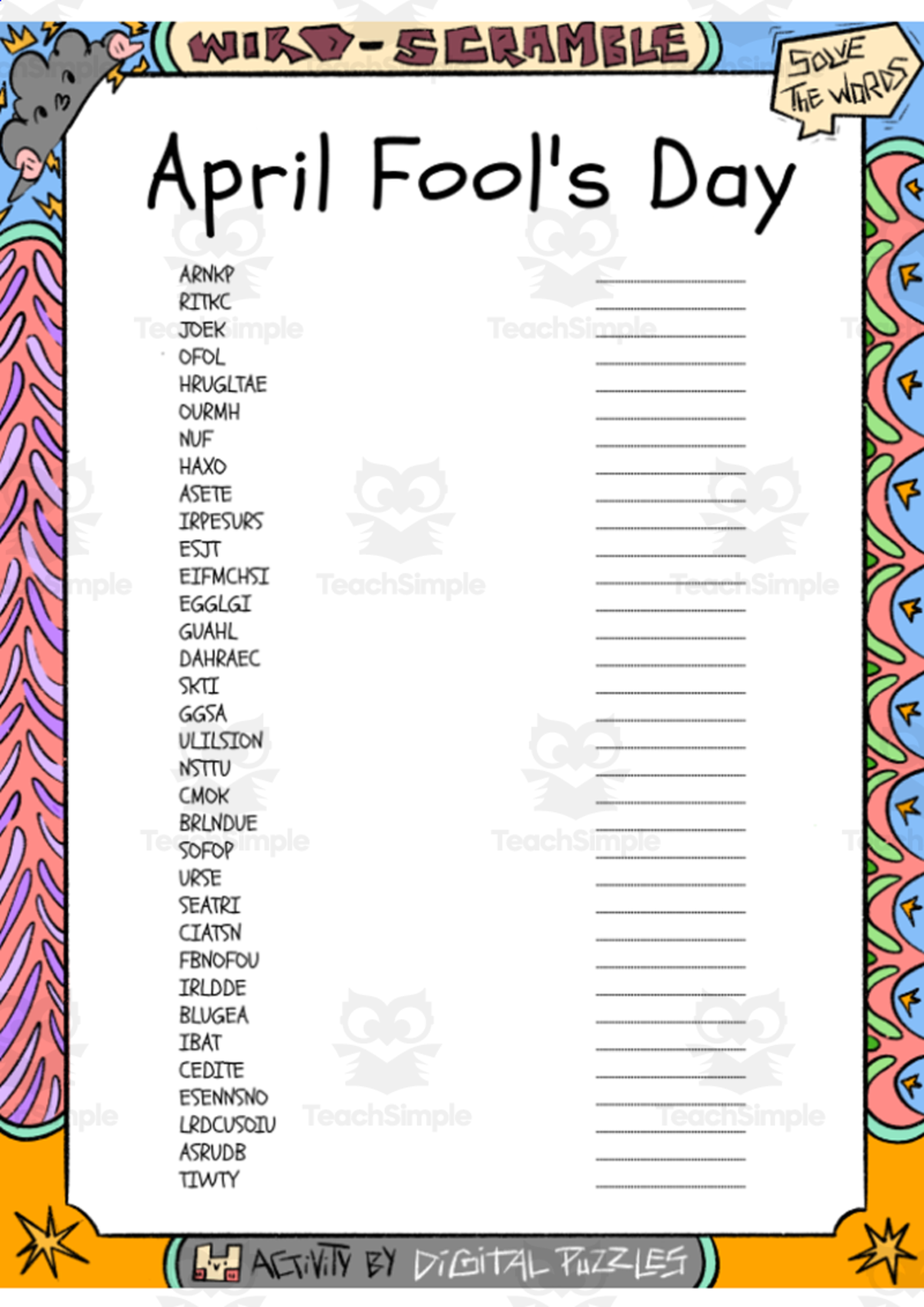 An educational teaching resource from Lapiiin Art Activities entitled April Fool's Day word Scramble puzzle worksheet downloadable at Teach Simple.