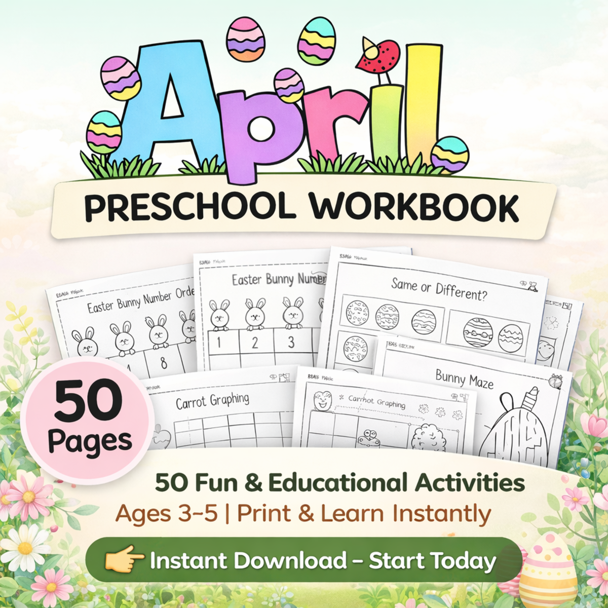 An educational teaching resource from BrightPrintsNY entitled April Preschool Workbook Printable, Easter Activities Kids PDFat downloadable at Teach Simple.