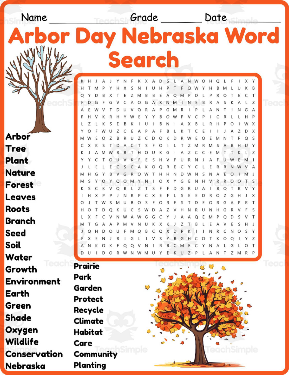 An educational teaching resource from Classsimple entitled Arbor Day Nebraska Word Search 2nd 3rd 4th 5th Grade Worksheet downloadable at Teach Simple.