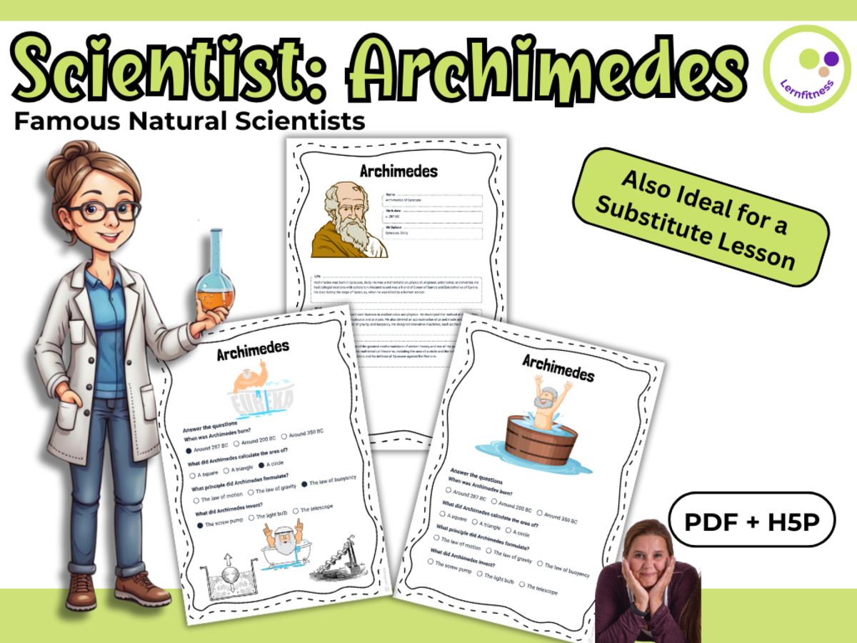 An educational teaching resource from Lernfitness entitled Archimedes – Scientist Profile and Comprehension Activities PDF + H5P downloadable at Teach Simple.