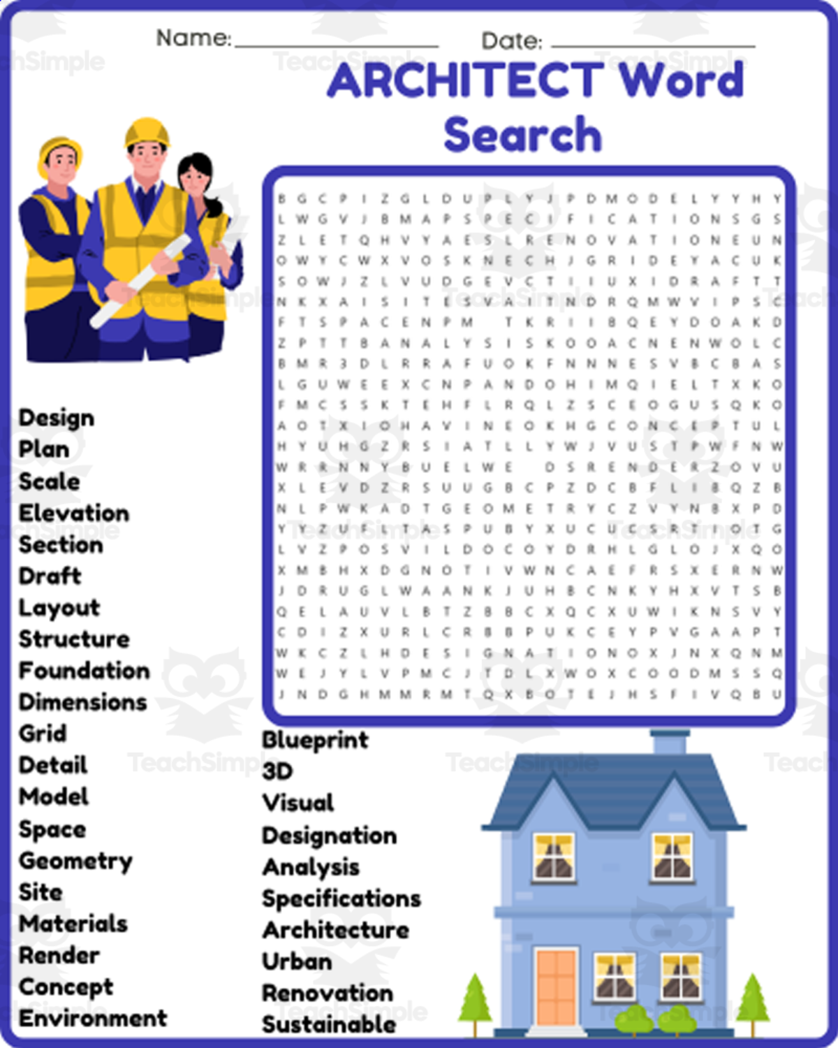 An educational teaching resource from space shope entitled ARCHITECT'S BLUEPRINT Word Search Worksheet Activity downloadable at Teach Simple.