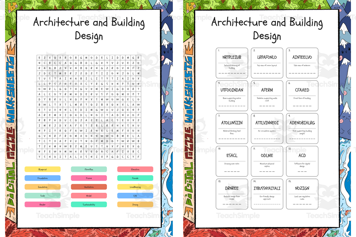 An educational teaching resource from Lapiiin Art Activities entitled Architecture and Building Design word search, scramble and crossword p downloadable at Teach Simple.