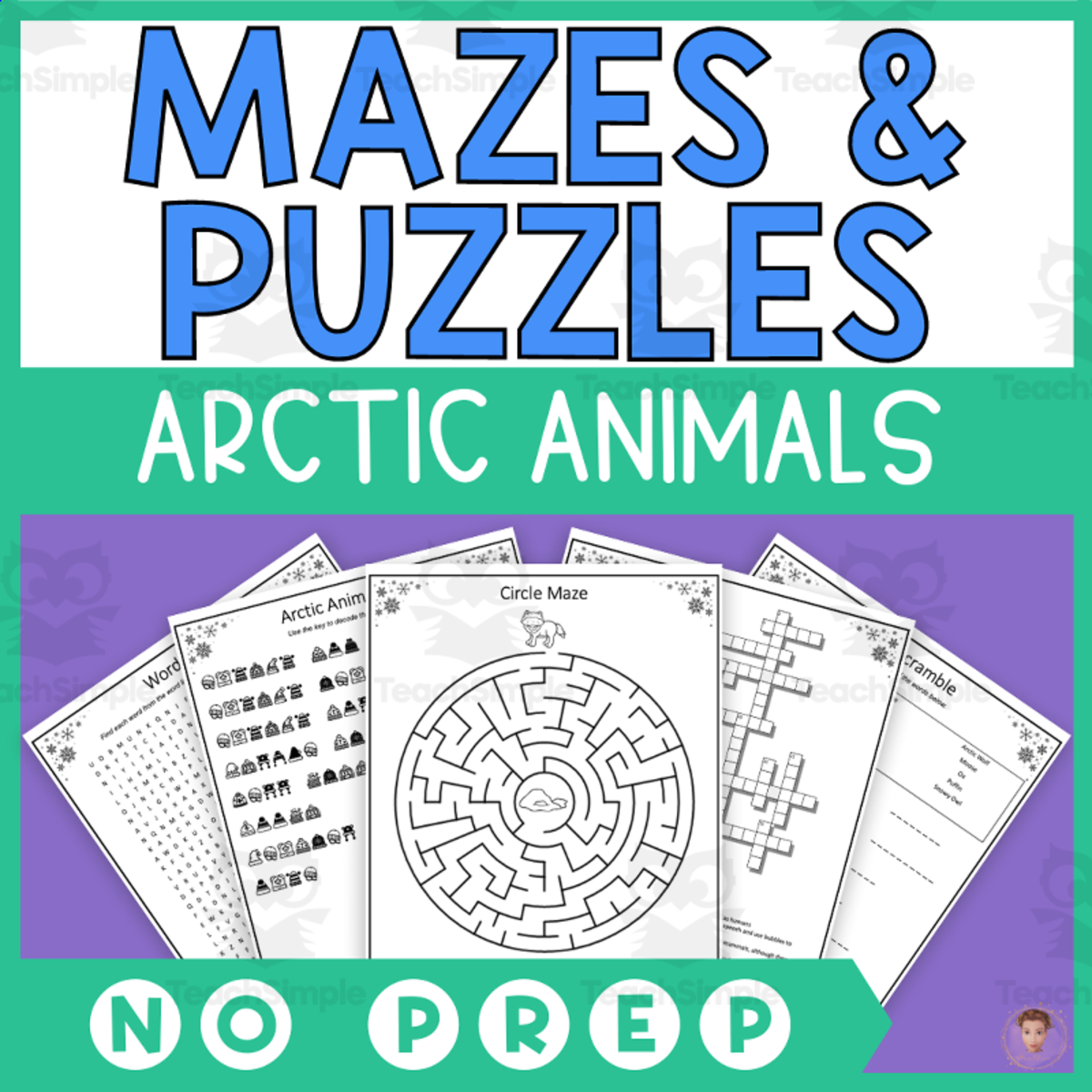 An educational teaching resource from Heather Huhman entitled Arctic Animals Mazes and Puzzles (Codebreaker, Word Searches, and More) downloadable at Teach Simple.
