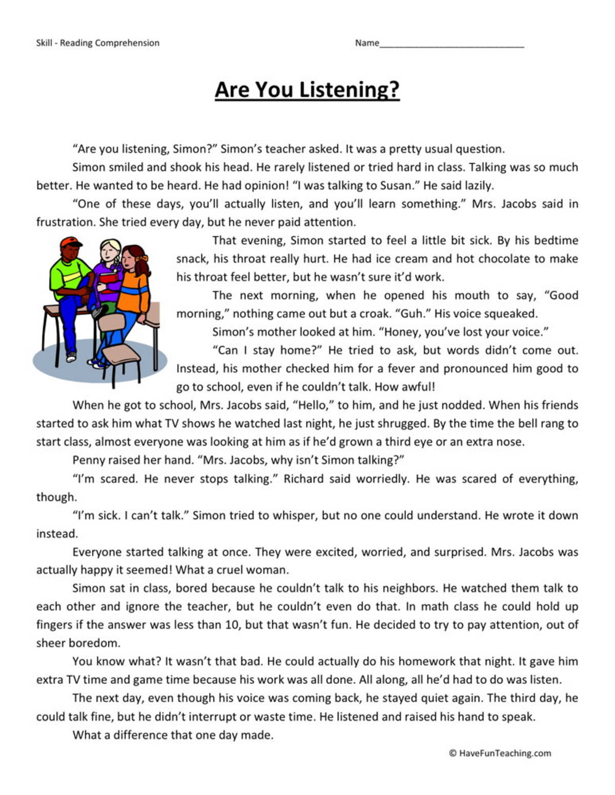 An educational teaching resource from Have Fun Teaching entitled Are You Listening? Reading Comprehension Worksheet downloadable at Teach Simple.