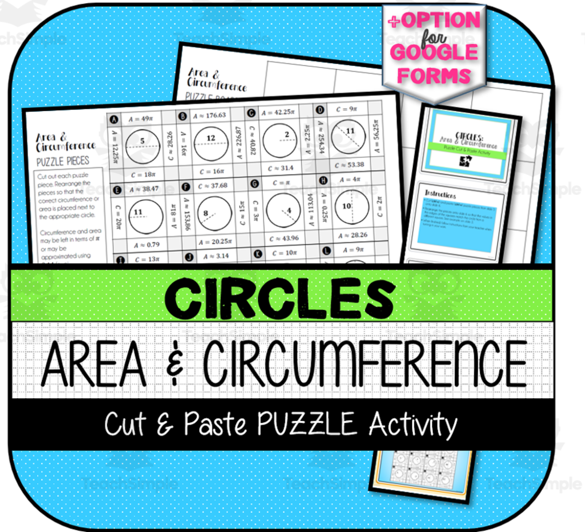 An educational teaching resource from The Math Cafe entitled Area & Circumference of Circles Cut & Paste PUZZLE downloadable at Teach Simple.