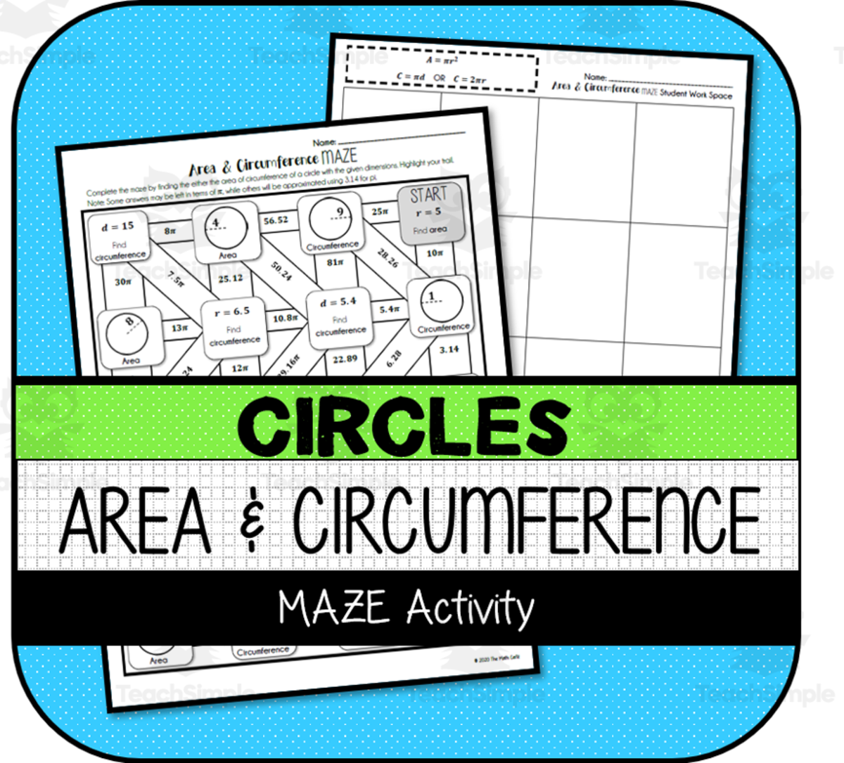 An educational teaching resource from The Math Cafe entitled Area & Circumference of Circles – Math Maze downloadable at Teach Simple.