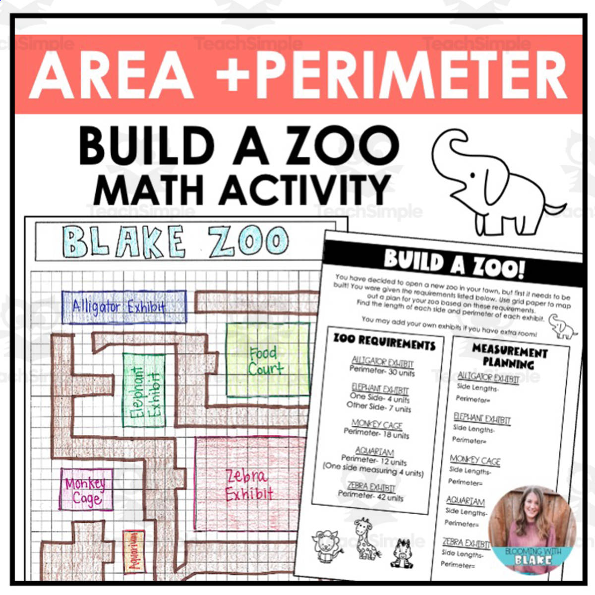 An educational teaching resource from Blooming with Blake entitled Area and Perimeter: Build a Zoo Activity downloadable at Teach Simple.