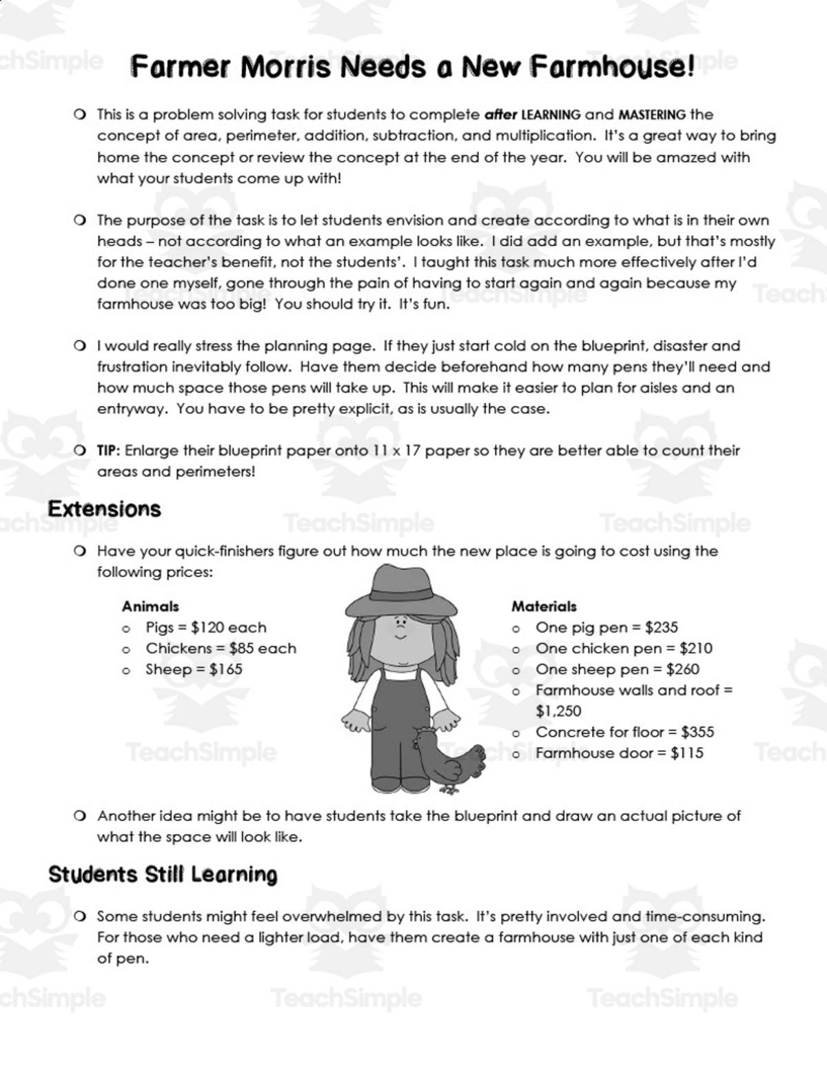 An educational teaching resource from At the Core entitled Area and Perimeter Farmer Project downloadable at Teach Simple.