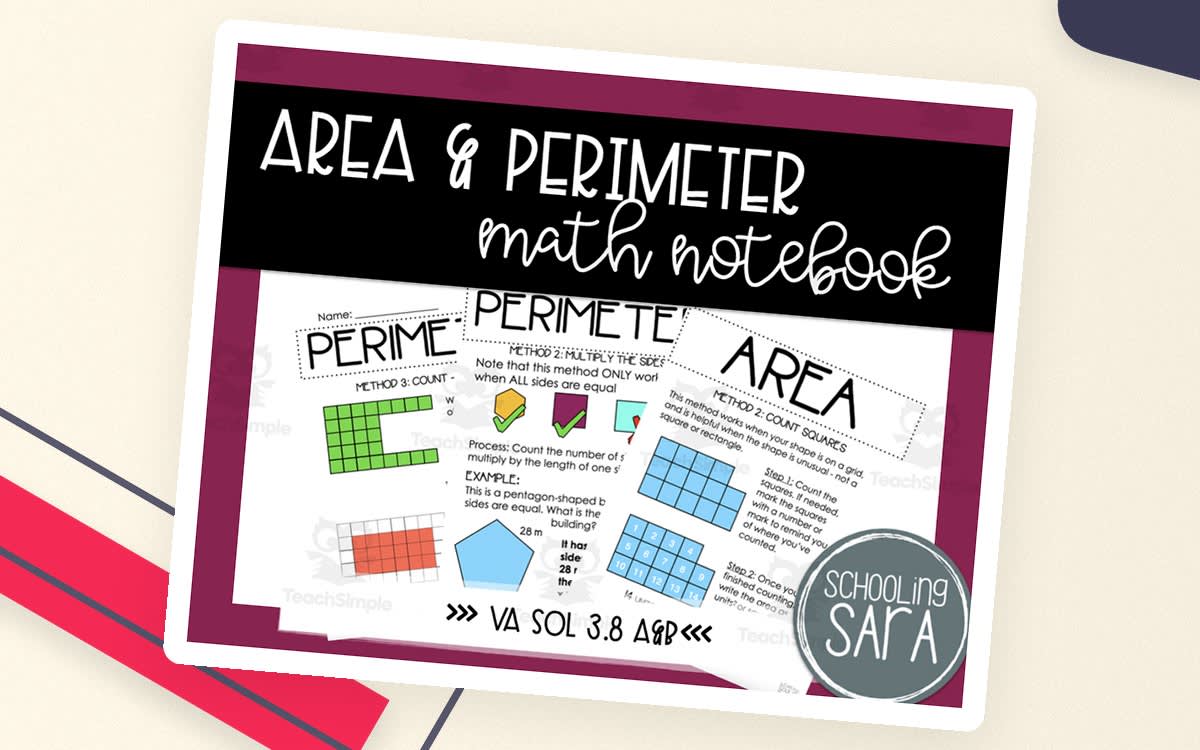 An educational teaching resource from SchoolingSara entitled Area & Perimeter Interactive Notebook – Math Set downloadable at Teach Simple.
