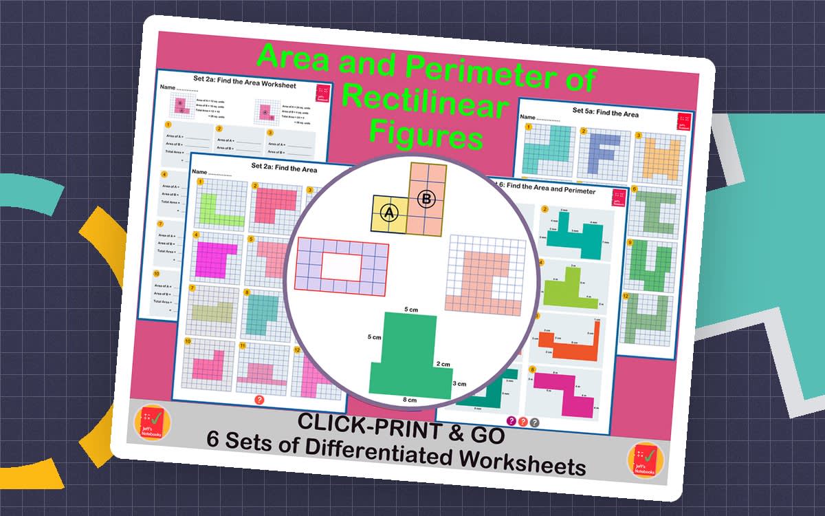 An educational teaching resource from Jeff's Notebooks entitled Area and Perimeter of Rectilinear Shapes downloadable at Teach Simple.