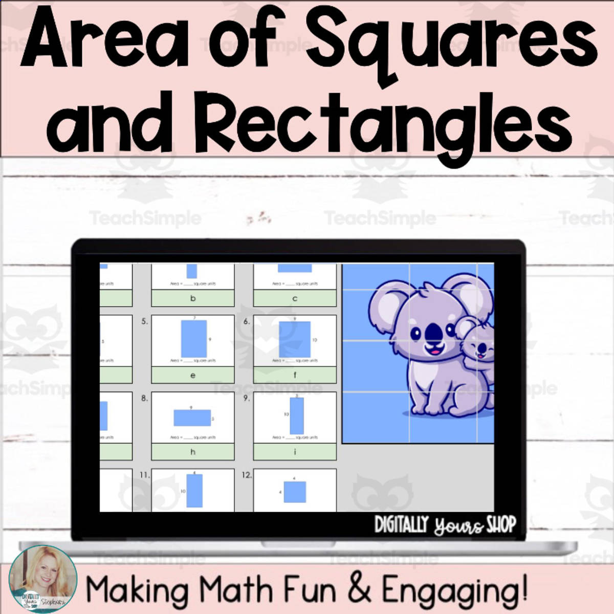 An educational teaching resource from Digitally Yours Shop entitled Area of Rectangles & Squares Digital Self-Checking Activity downloadable at Teach Simple.