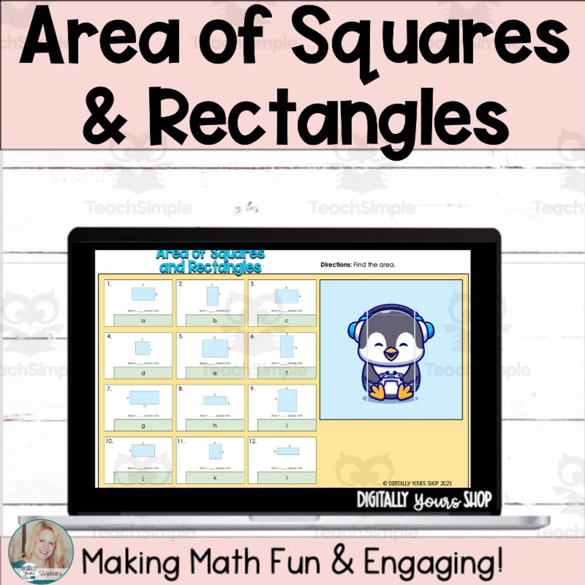 An educational teaching resource from Digitally Yours Shop entitled Area of Squares and Rectangles Digital Self-Checking Activity downloadable at Teach Simple.