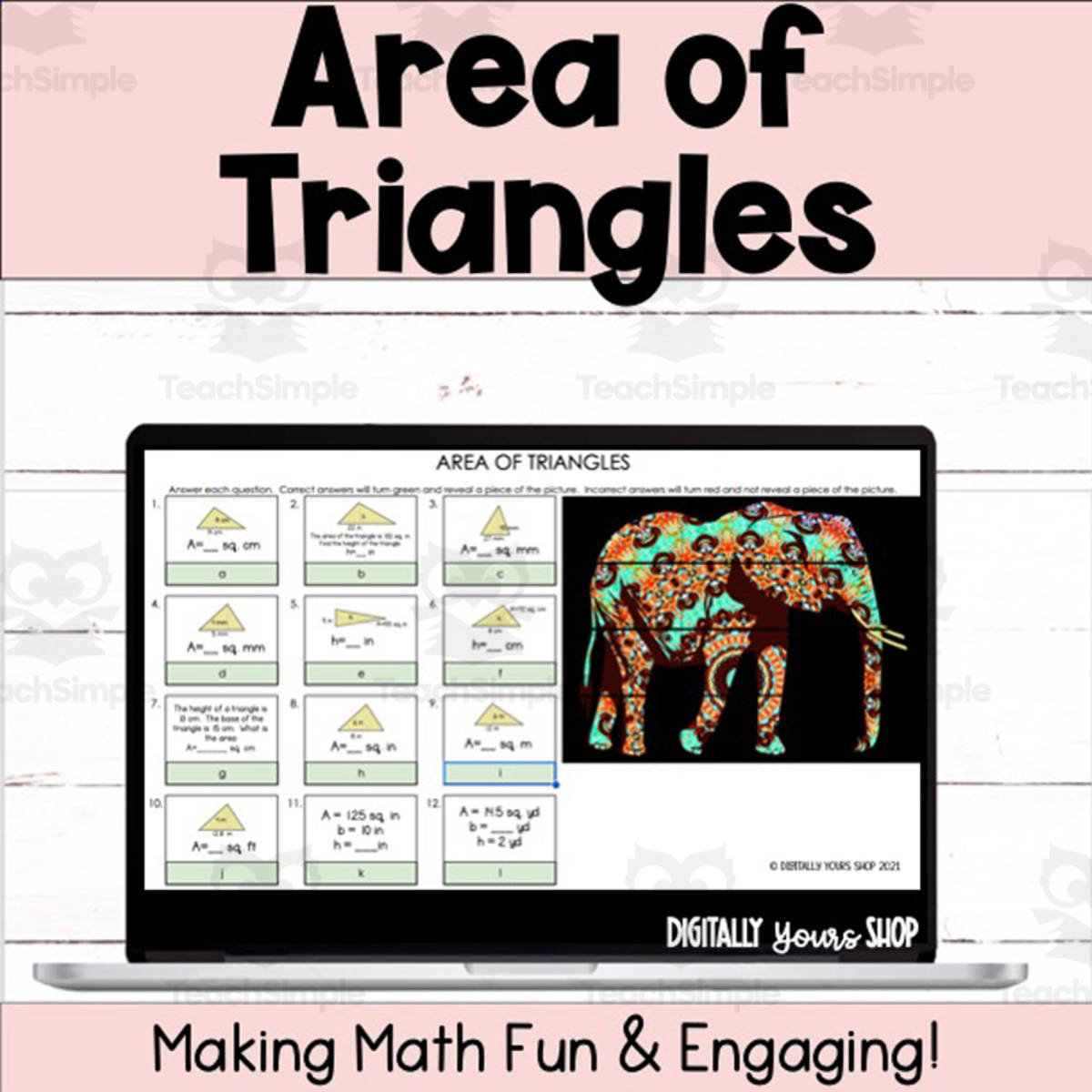 An educational teaching resource from Digitally Yours Shop entitled Area of Triangles Digital Self-Checking Activity downloadable at Teach Simple.