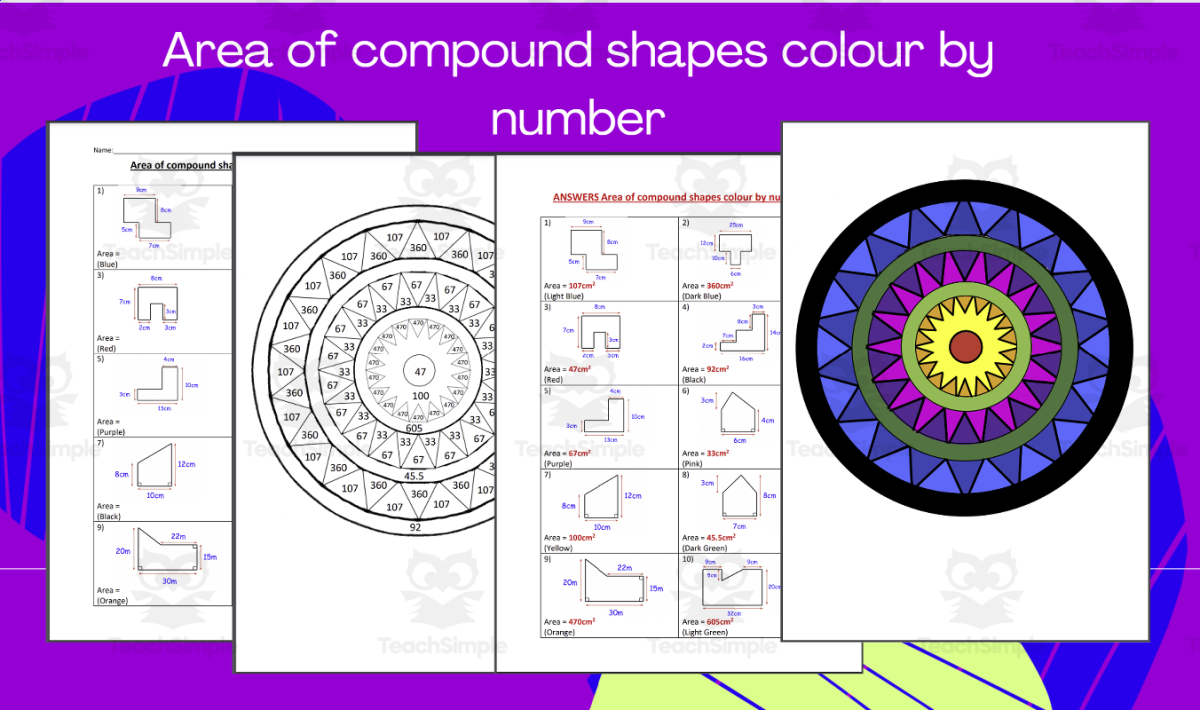 An educational teaching resource from Mrs. B Secondary Math entitled Compound Shapes Area – Color by Number Activity downloadable at Teach Simple.