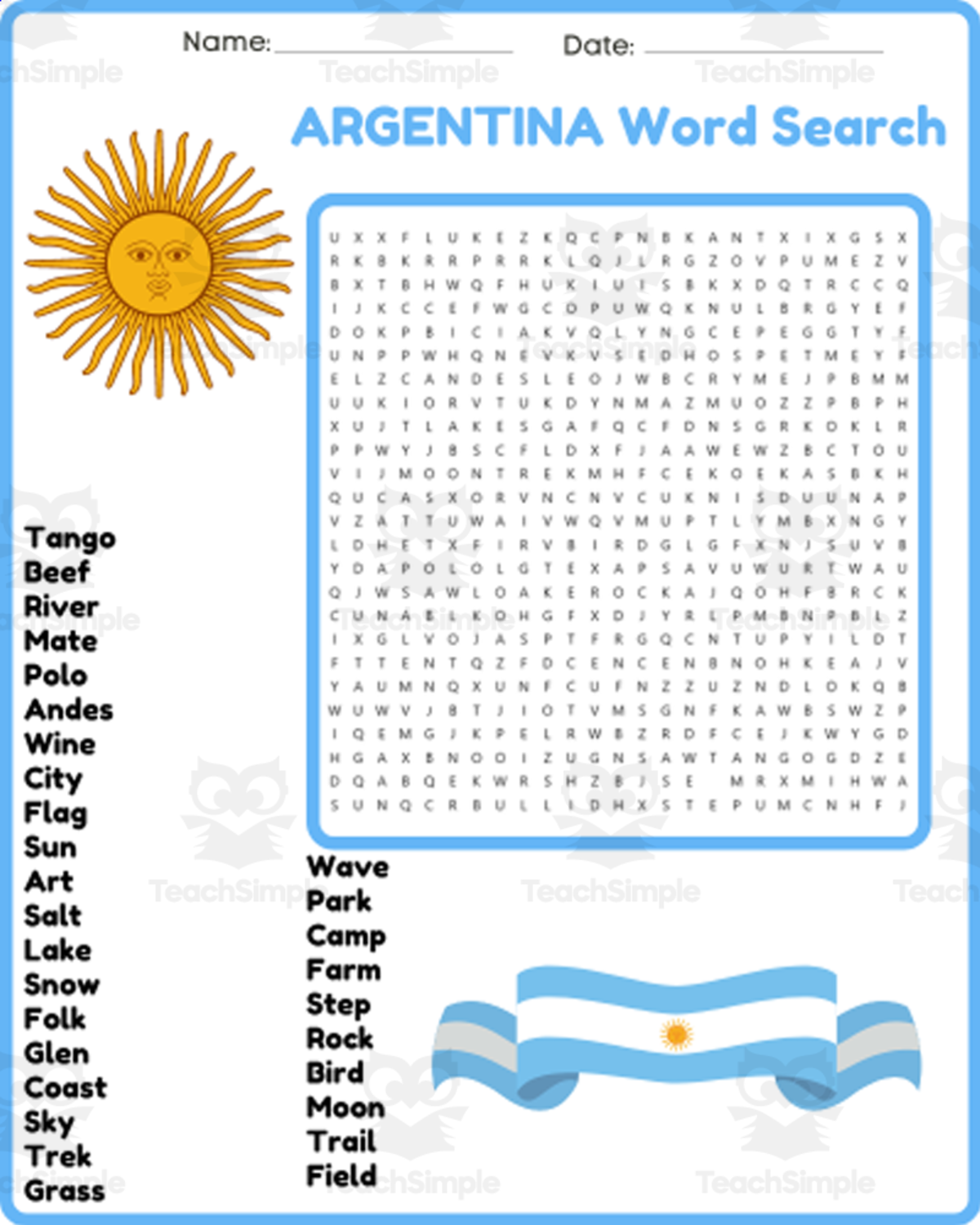 An educational teaching resource from space shope entitled ARGENTINA Word Search Puzzle Worksheet Activity downloadable at Teach Simple.