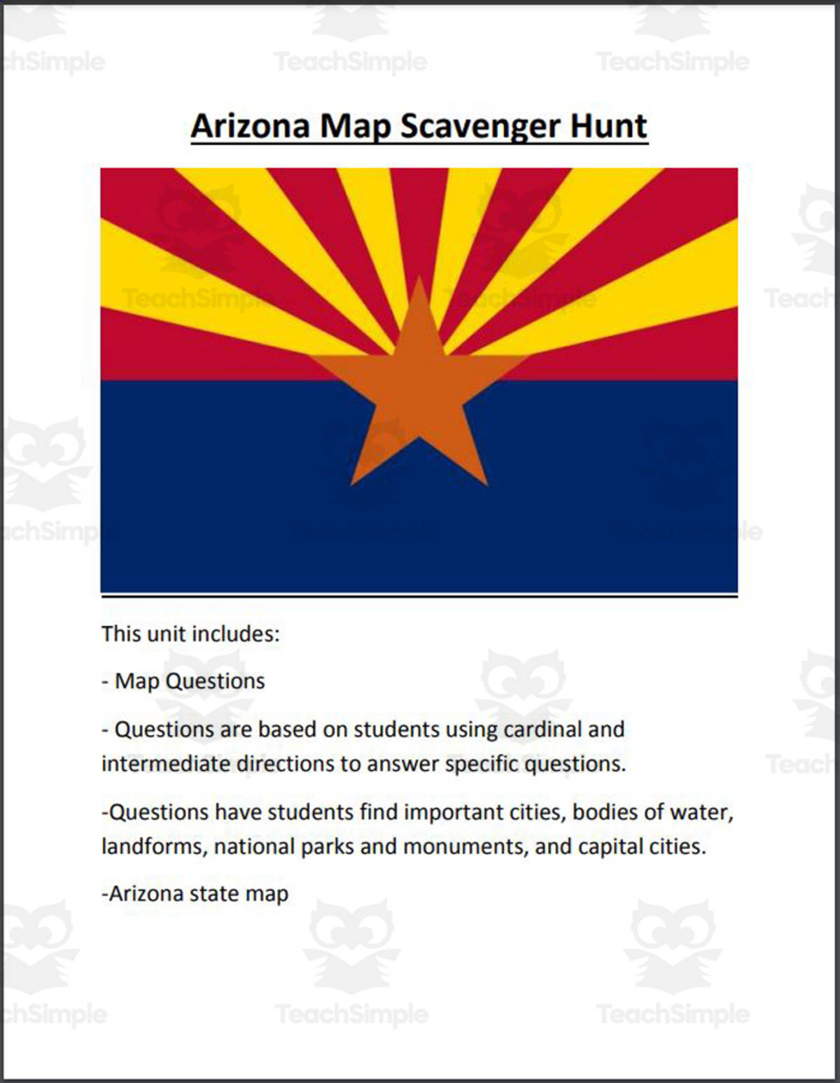 An educational teaching resource from Mr. Matthews Teacher Store entitled Arizona Map Scavenger Hunt downloadable at Teach Simple.