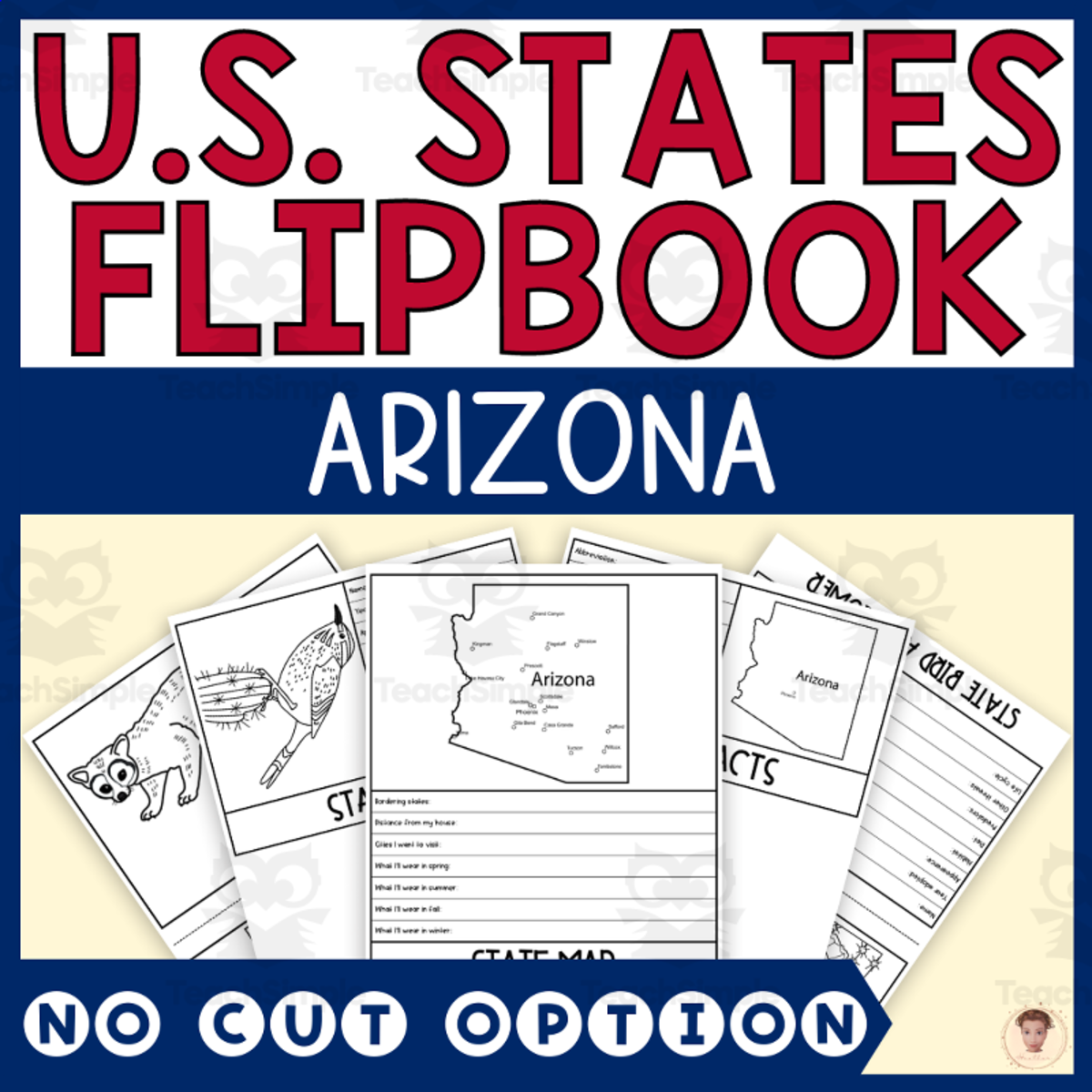 An educational teaching resource from Heather Huhman entitled Arizona State Flipbook (Capital, Bird, Flower, Flag, Animal) downloadable at Teach Simple.