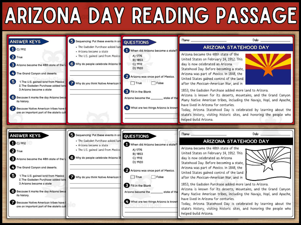 An educational teaching resource from Wonderland School entitled Arizona Statehood Day Reading Comprehension Passage and Questions downloadable at Teach Simple.