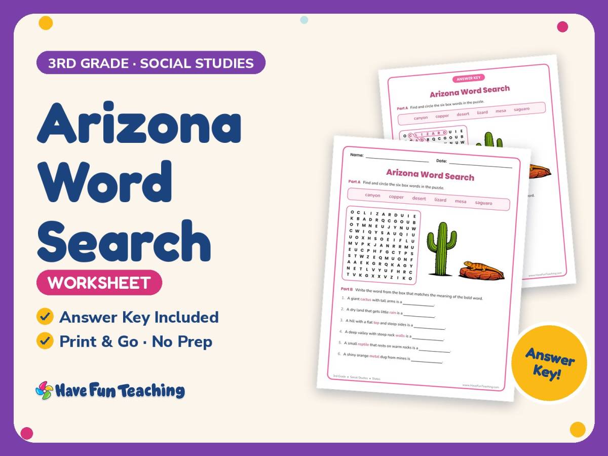 Arizona Word Search Worksheet – 3rd Grade States Practice + Answer Key preview