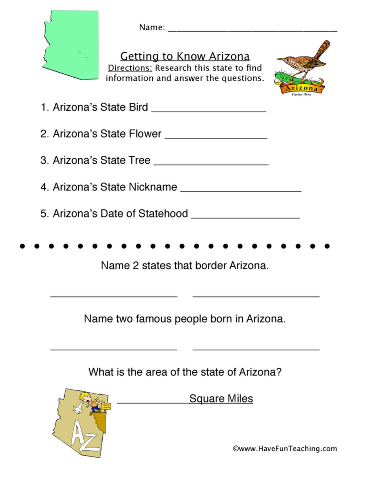 An educational teaching resource from Have Fun Teaching entitled Arizona Worksheet downloadable at Teach Simple.