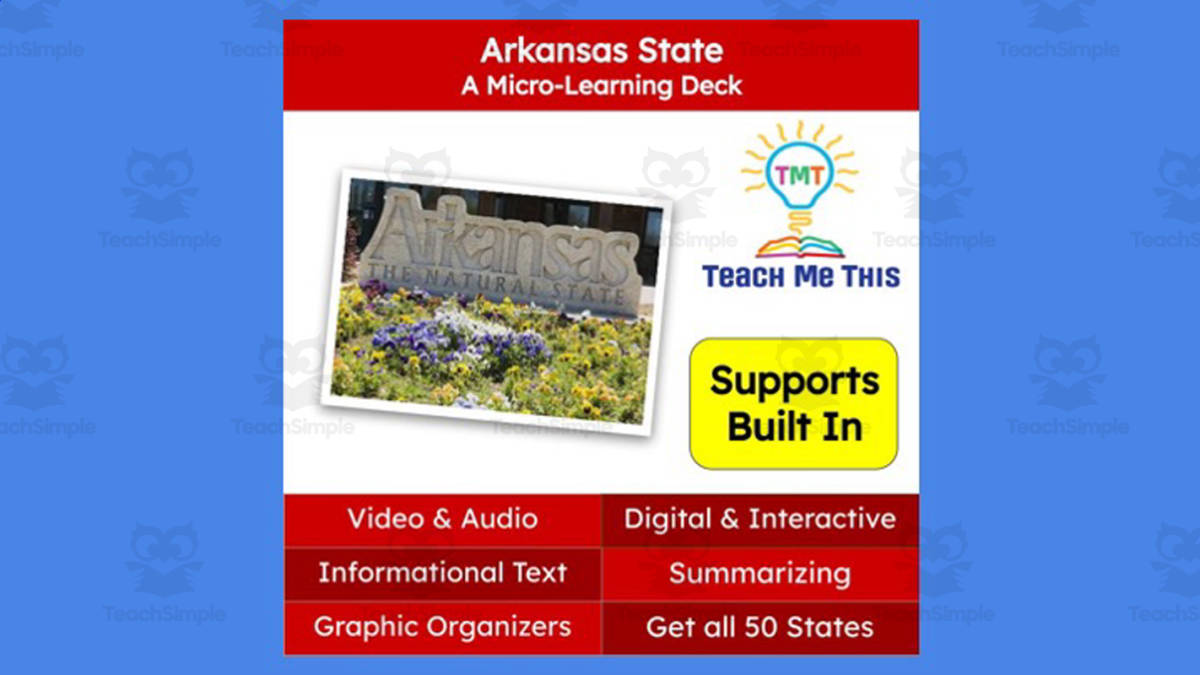 An educational teaching resource from Teach Me This entitled Arkansas: A Micro-Learning Deck | Digital Geography Lesson downloadable at Teach Simple.