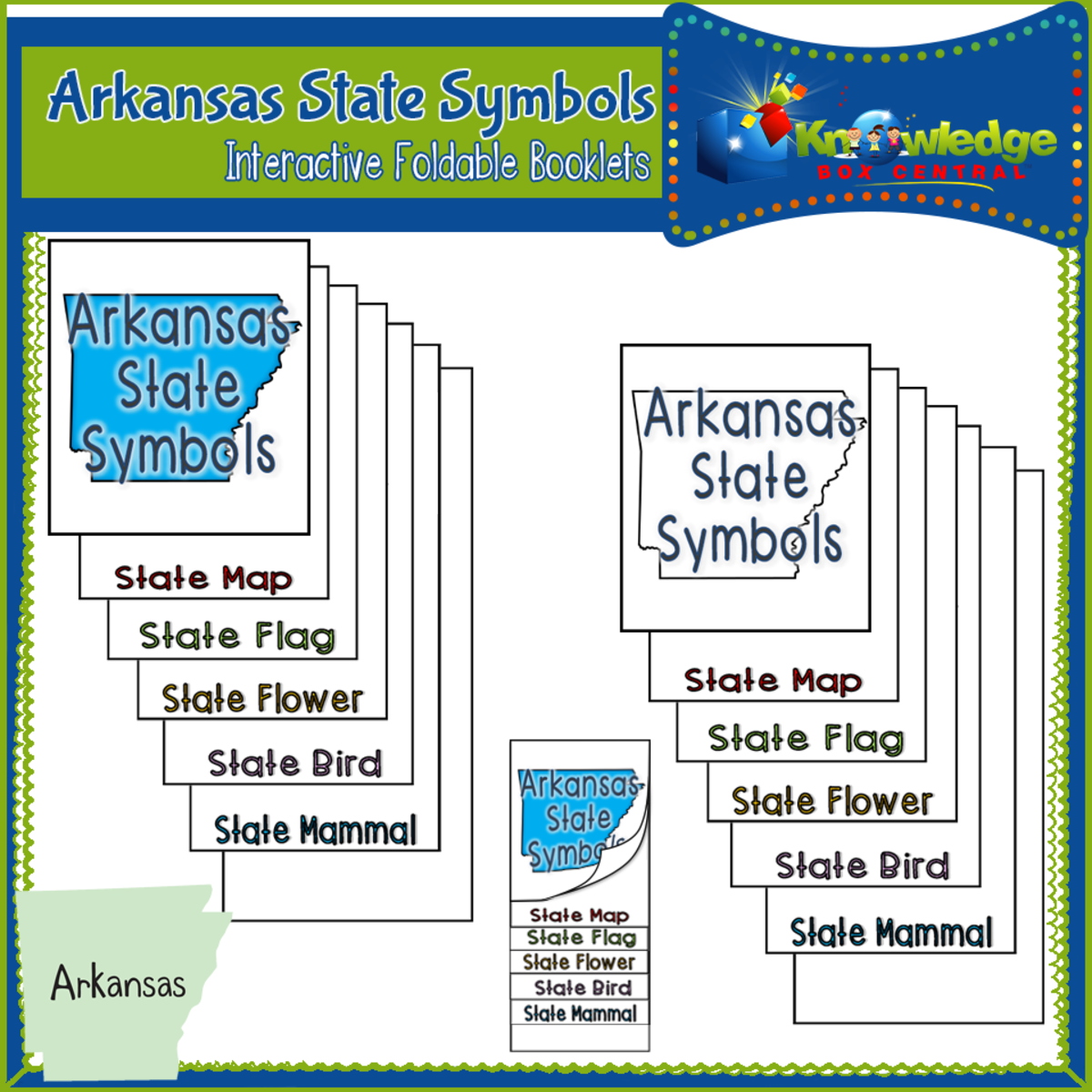 An educational teaching resource from Knowledge Box Central entitled Arkansas State Symbols Interactive Foldable Booklets - EBOOK downloadable at Teach Simple.