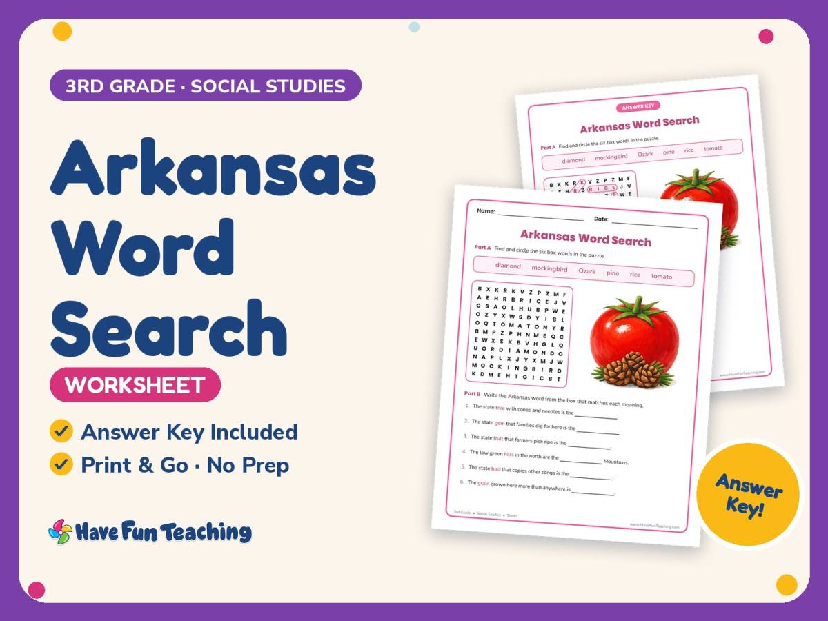 Arkansas Word Search Worksheet – 3rd Grade States Practice preview
