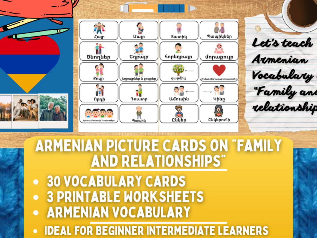 An educational teaching resource from Learning with Alan entitled Armenian Picture Vocabulary Flashcards - Family & Relationships downloadable at Teach Simple.