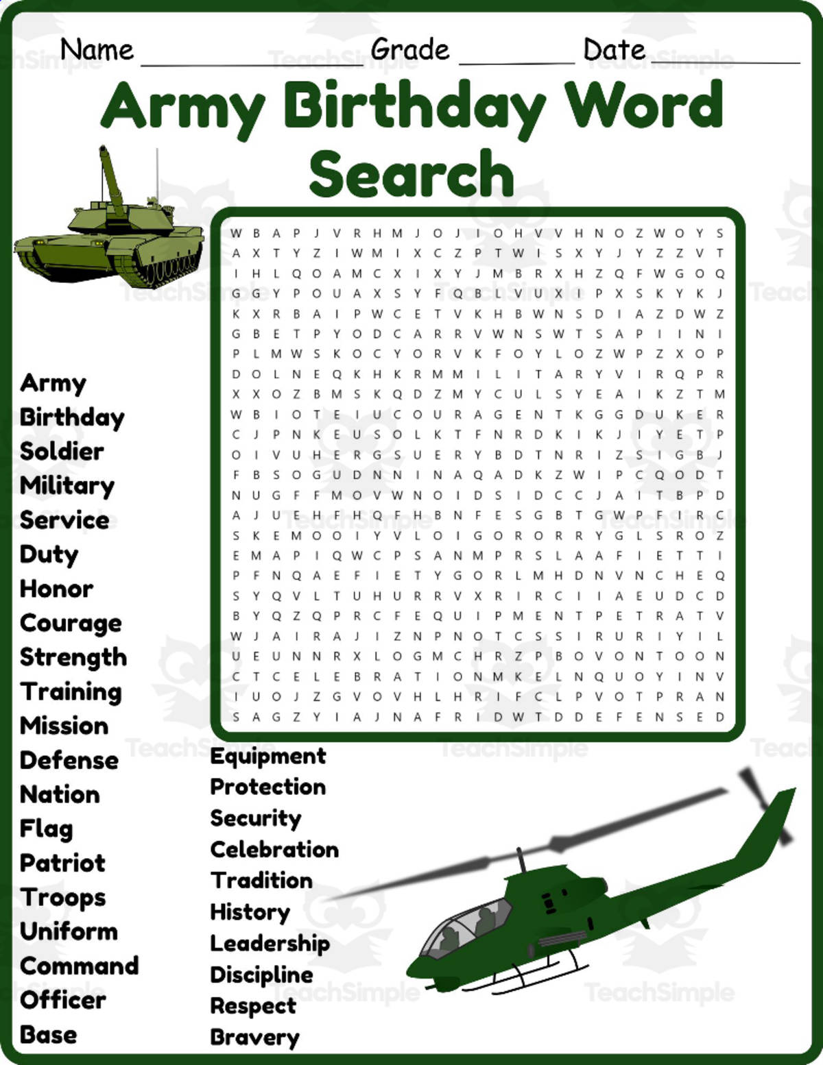 An educational teaching resource from Classsimple entitled Army Birthday Word Search 2nd 3rd 4th 5th Grade Worksheet Activity downloadable at Teach Simple.