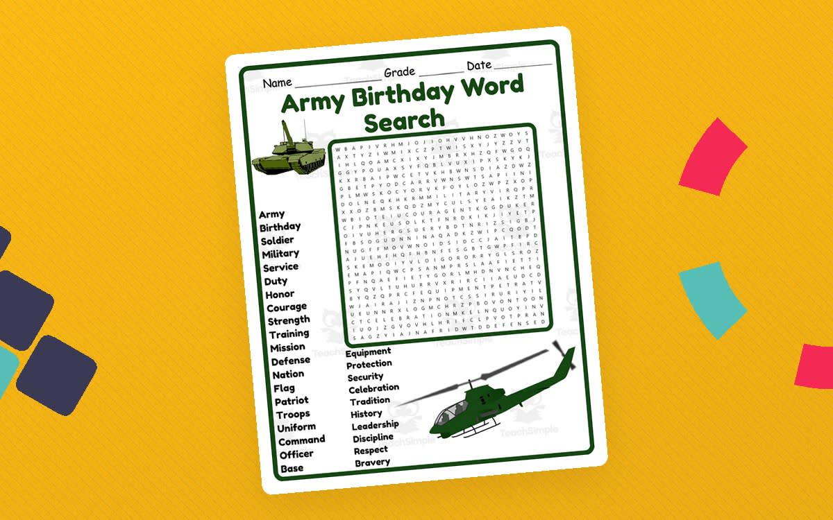An educational teaching resource from Classsim entitled Army Birthday Word Search 2nd 3rd 4th 5th Grade Worksheet Activity downloadable at Teach Simple.