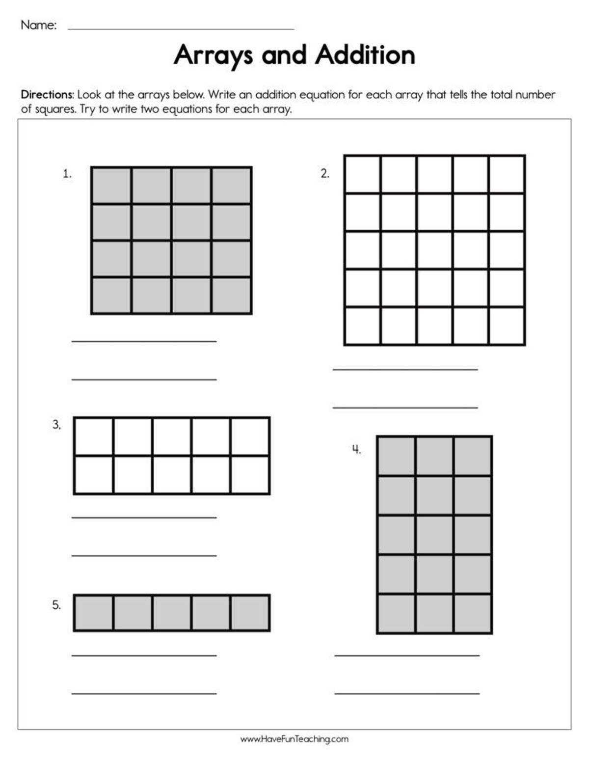 An educational teaching resource from Have Fun Teaching entitled Arrays and Addition Worksheet downloadable at Teach Simple.