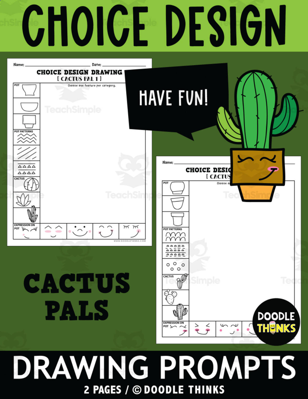 An educational teaching resource from Doodle Thinks entitled Art Activity Cactus Pals Choice Design Drawing Prompts downloadable at Teach Simple.