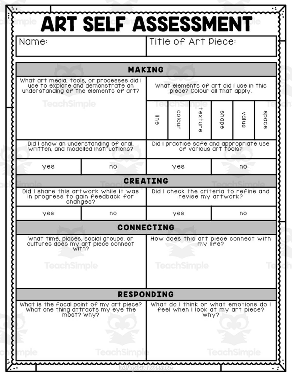 An educational teaching resource from Rathgeber Resources entitled Art Assessment downloadable at Teach Simple.