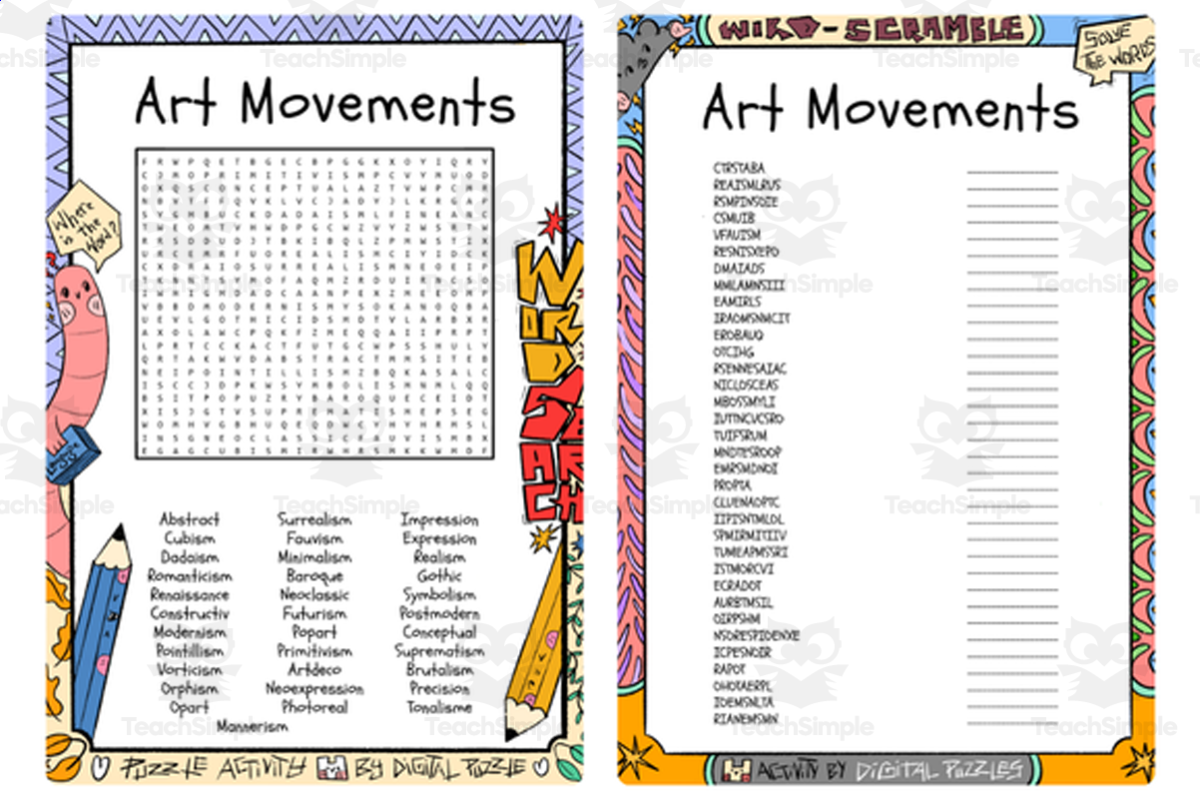 An educational teaching resource from Lapiiin Art Activities entitled Art Movements word search and word scramble downloadable at Teach Simple.
