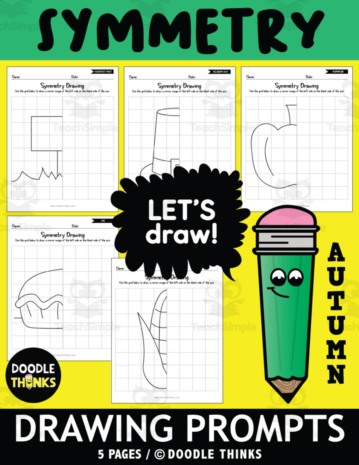 An educational teaching resource from Doodle Thinks entitled Art Worksheets Autumn Things Symmetry Drawing Prompts downloadable at Teach Simple.