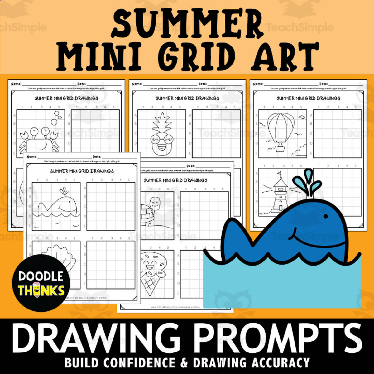 An educational teaching resource from Doodle Thinks entitled Art Worksheets Summer Mini Grid Drawing Prompts downloadable at Teach Simple.