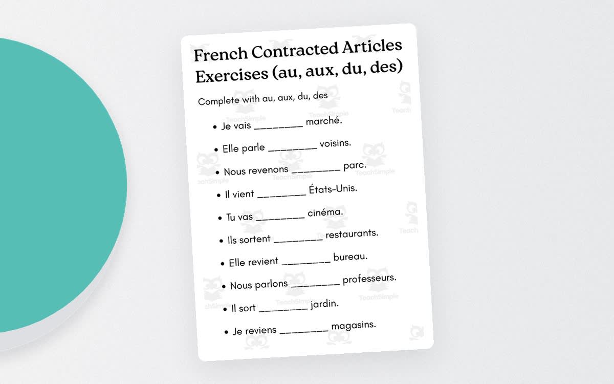 An educational teaching resource from MultiLingual Grammar Lab entitled article contracté in french exercises with answers downloadable at Teach Simple.