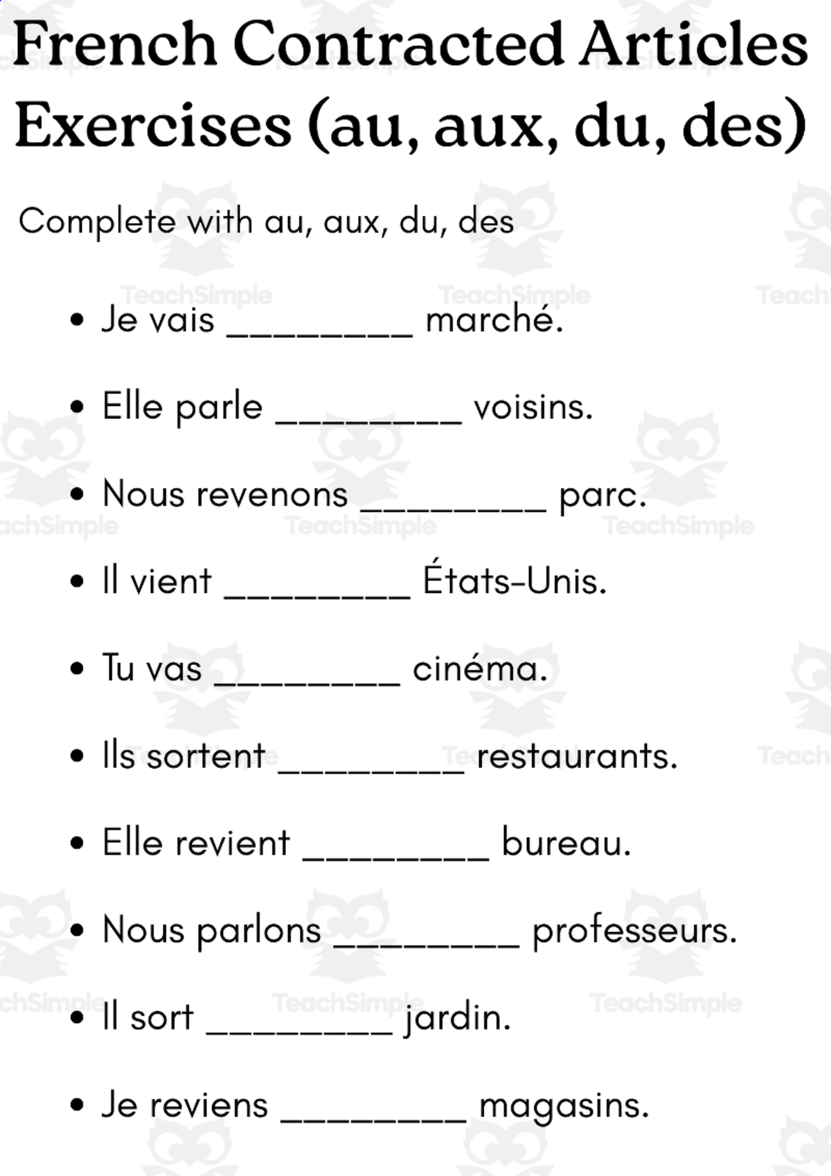 An educational teaching resource from MultiLingual Grammar Lab entitled article contracté in french exercises with answers downloadable at Teach Simple.