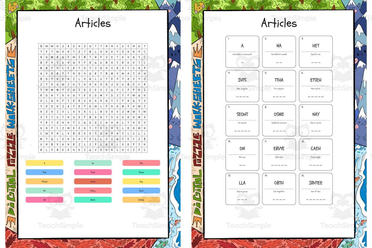 An educational teaching resource from Lapiiin Art Activities entitled Articles word search, scramble and crossword puzzle downloadable at Teach Simple.
