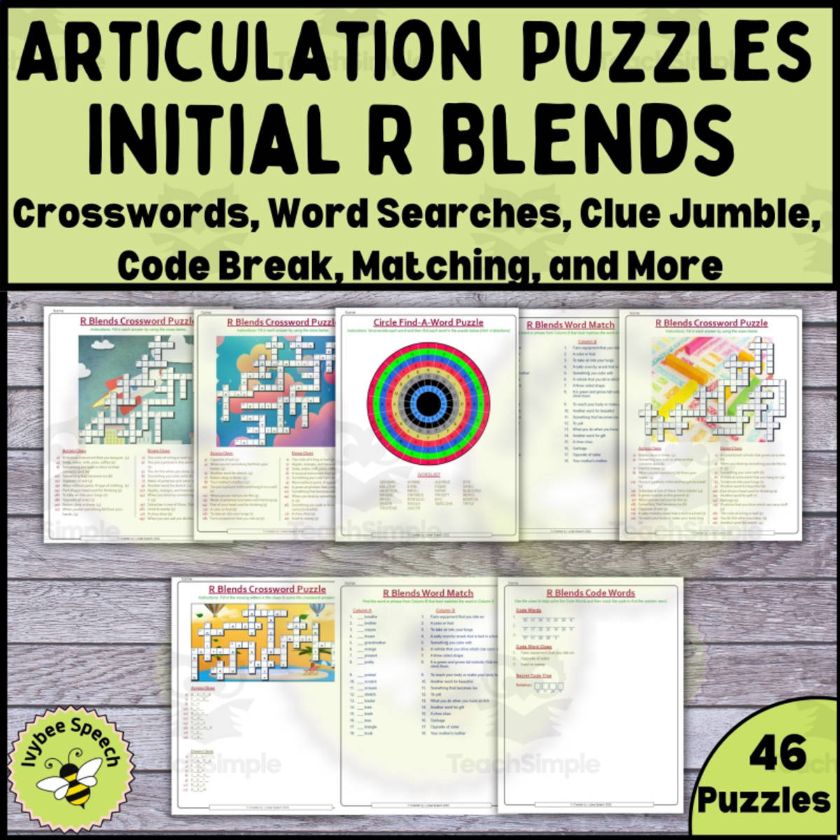 An educational teaching resource from Ivybee Speech entitled Articulation Speech Therapy R Blends Puzzles Crosswords Codebreakers Jumbles Word Searches and More downloadable at Teach Simple.