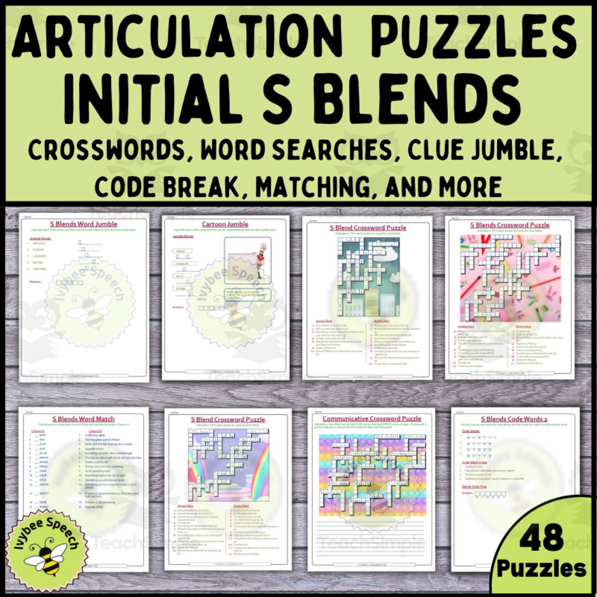 An educational teaching resource from Ivybee Speech entitled Articulation Speech Therapy S Blends Puzzles Codebreakers Crosswords Word Searches Jumbles and More downloadable at Teach Simple.