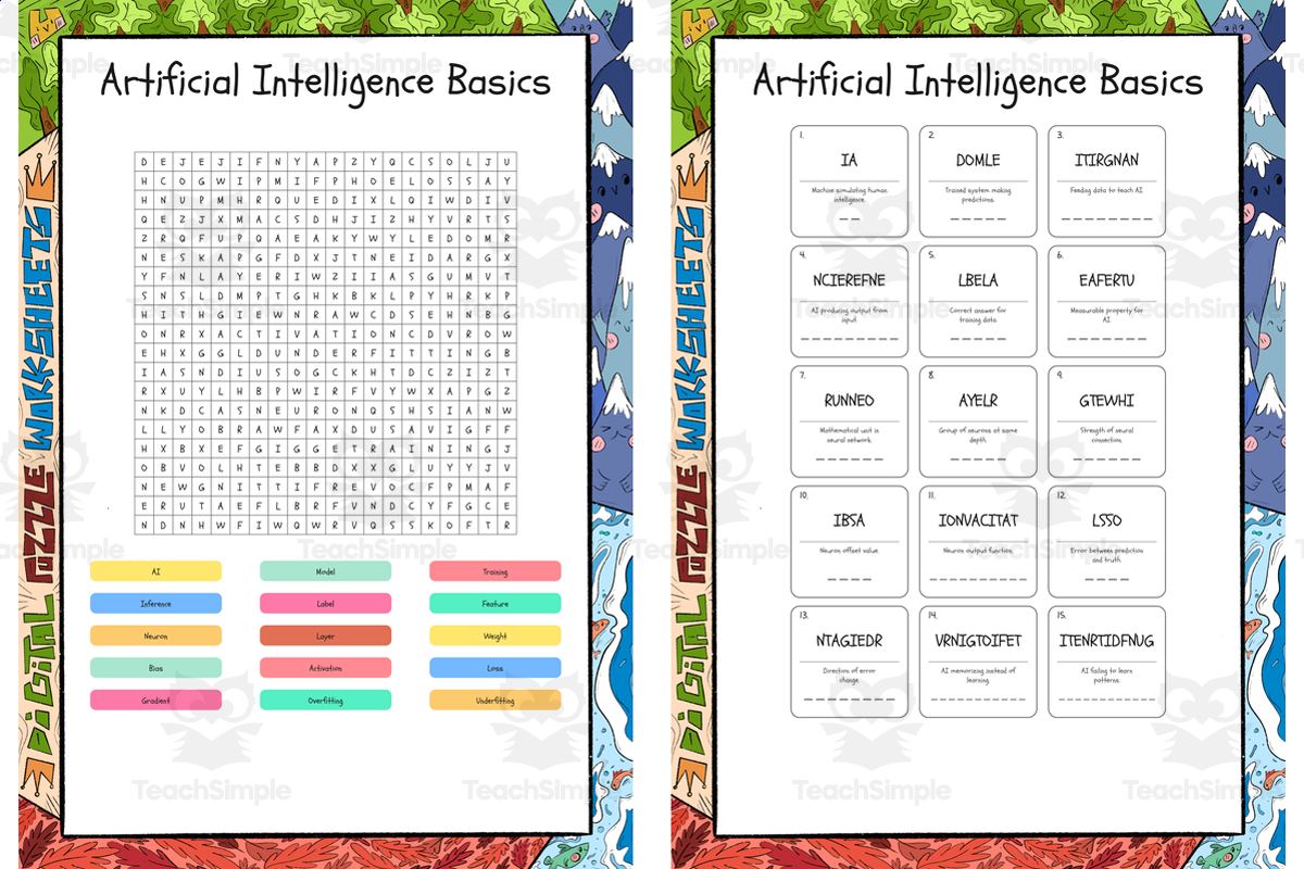 An educational teaching resource from Lapiiin Art Activities entitled Artificial Intelligence Basics word search, scramble and crossword puz downloadable at Teach Simple.