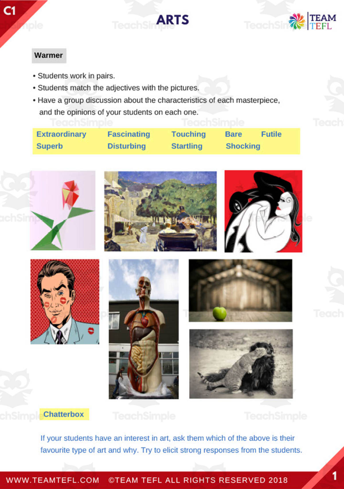 An educational teaching resource from TEAM TEFL entitled Arts Advanced ESL Lesson Plan downloadable at Teach Simple.