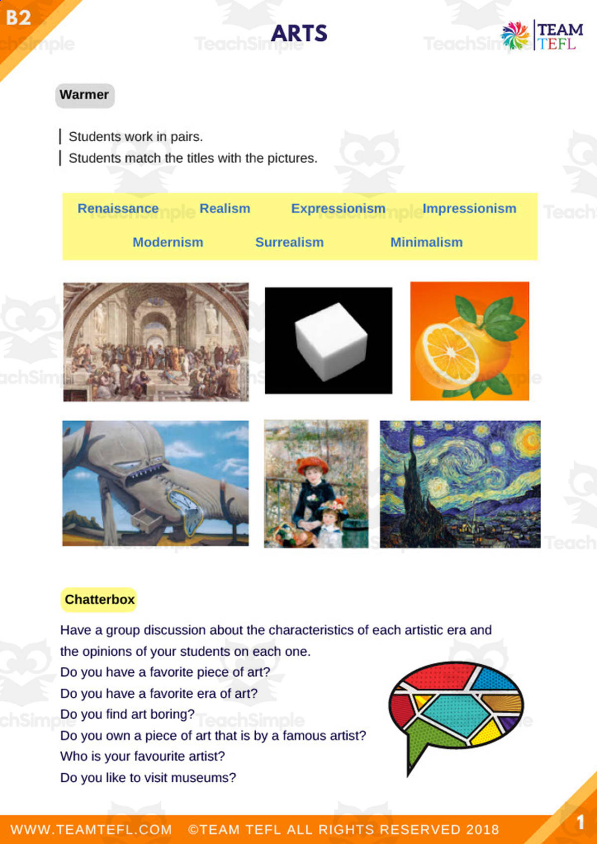 An educational teaching resource from TEAM TEFL entitled Arts Upper Intermediate ESL Lesson Plan downloadable at Teach Simple.
